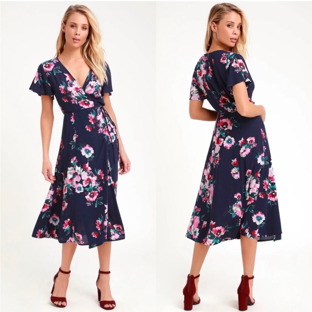 Lulus | Krizta Navy Blue Floral Print Midi Wrap Dress